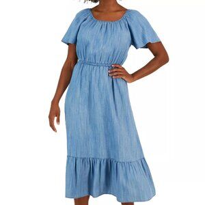 On Off-The-Shoulder Chambray Midi Dress